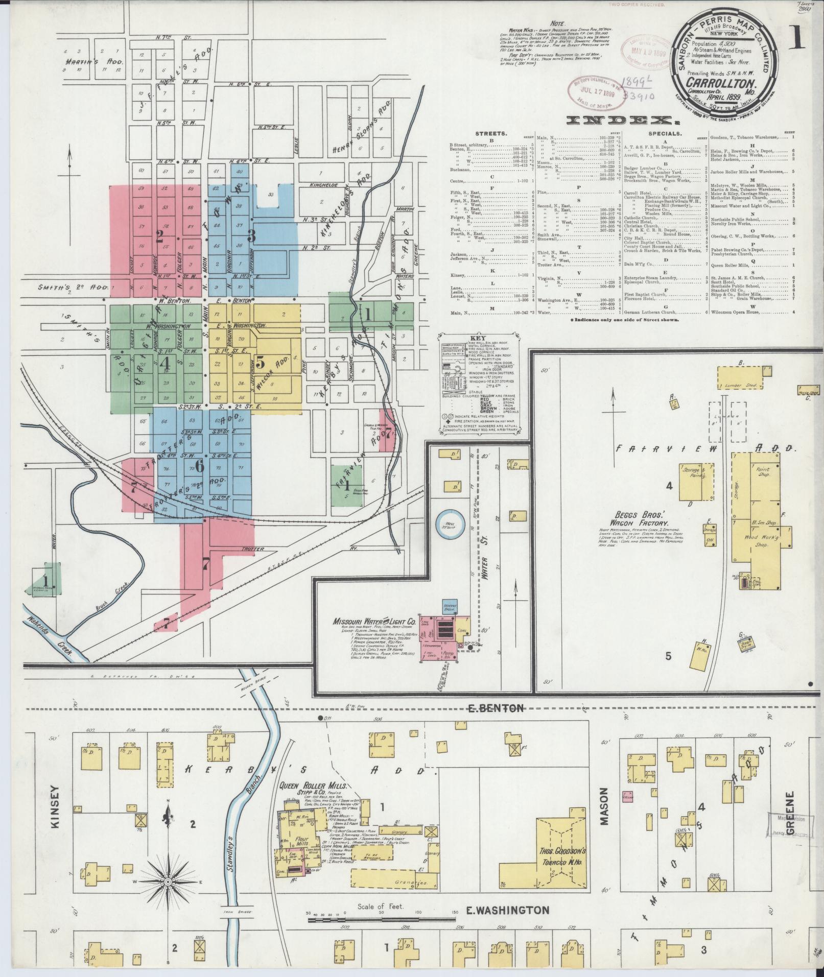 Sanborn Fire Insurance Map from Carrollton, Carroll County, Missouri (1899), Sheet #0001 - Historic Sanborn Fire Insurance Map Print, vintage old map wall art, antique decor, genealogy gift, Missouri Missouri map