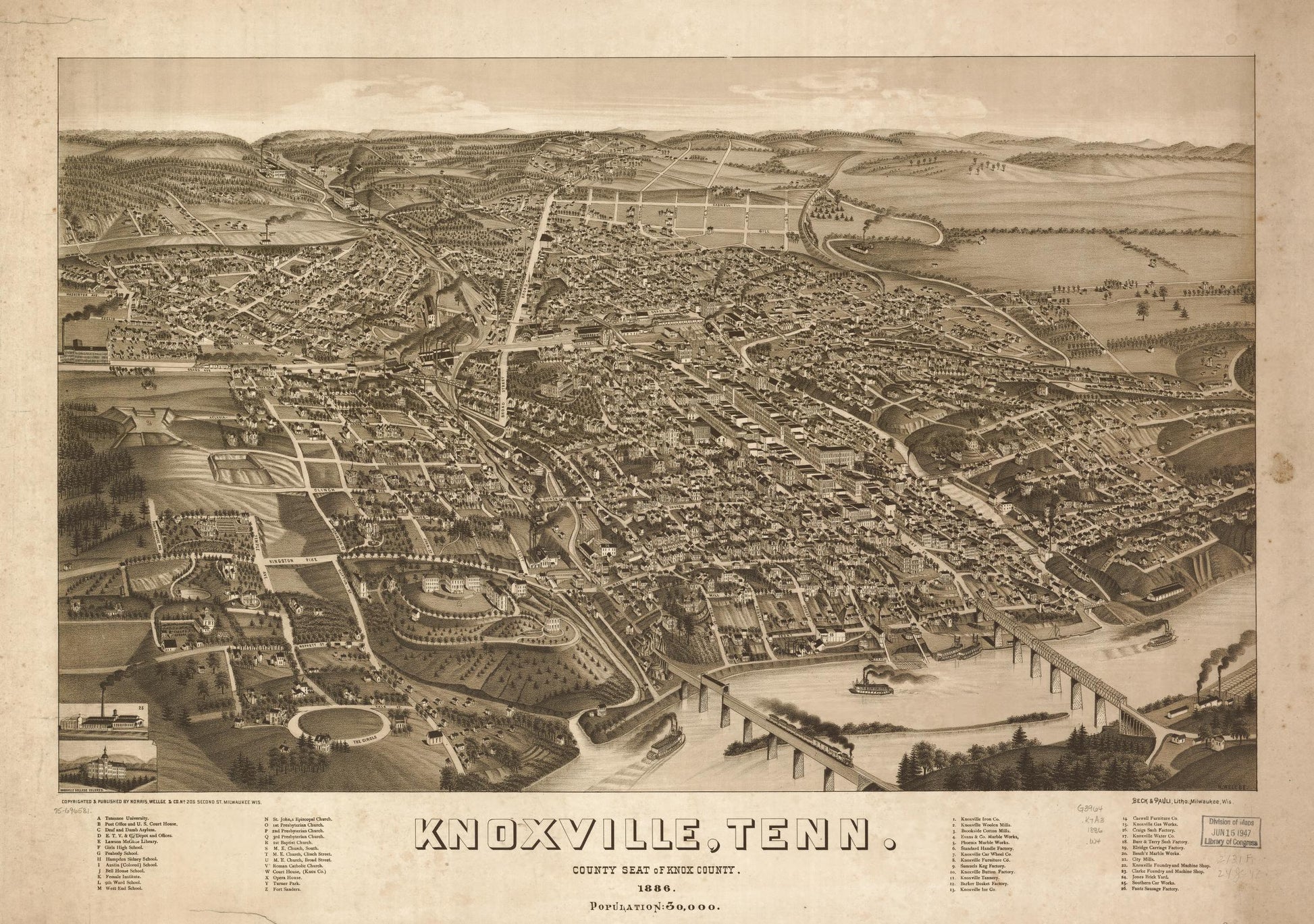Knoxville, Tenn. county seat of Knox County 1886. (1886) – Historic Bird’s-Eye View Panorama Print
