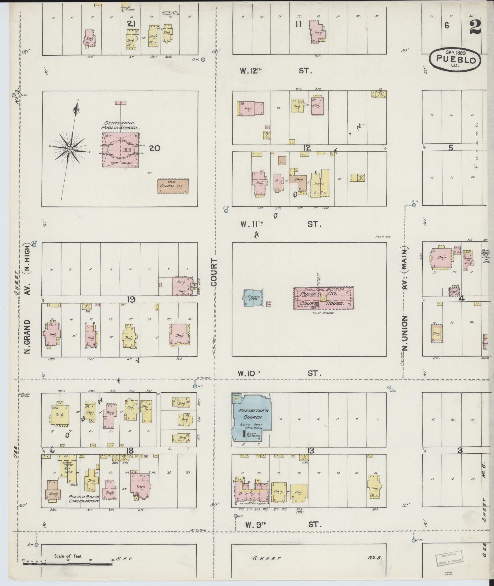 Sanborn Fire Insurance Map from Pueblo, Pueblo County, Colorado (1889), Sheet #0002 - Historic Sanborn Fire Insurance Map Print, vintage old map wall art, antique decor, genealogy gift, Colorado Colorado map