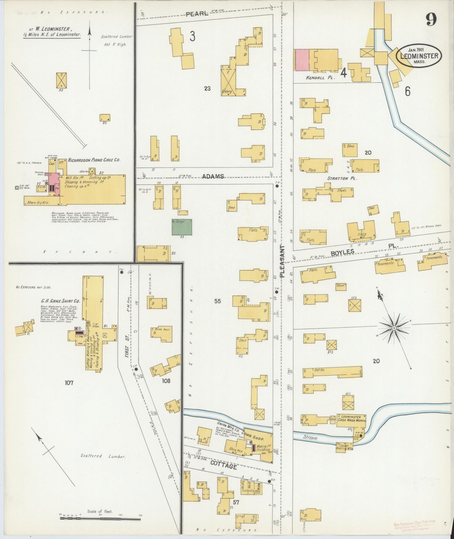 Sanborn Fire Insurance Map from Leominster, Worcester County, Massachusetts (1901), Sheet #0009 - Complete Map Set gallery image, historic Sanborn map, vintage wall art, Massachusetts Massachusetts