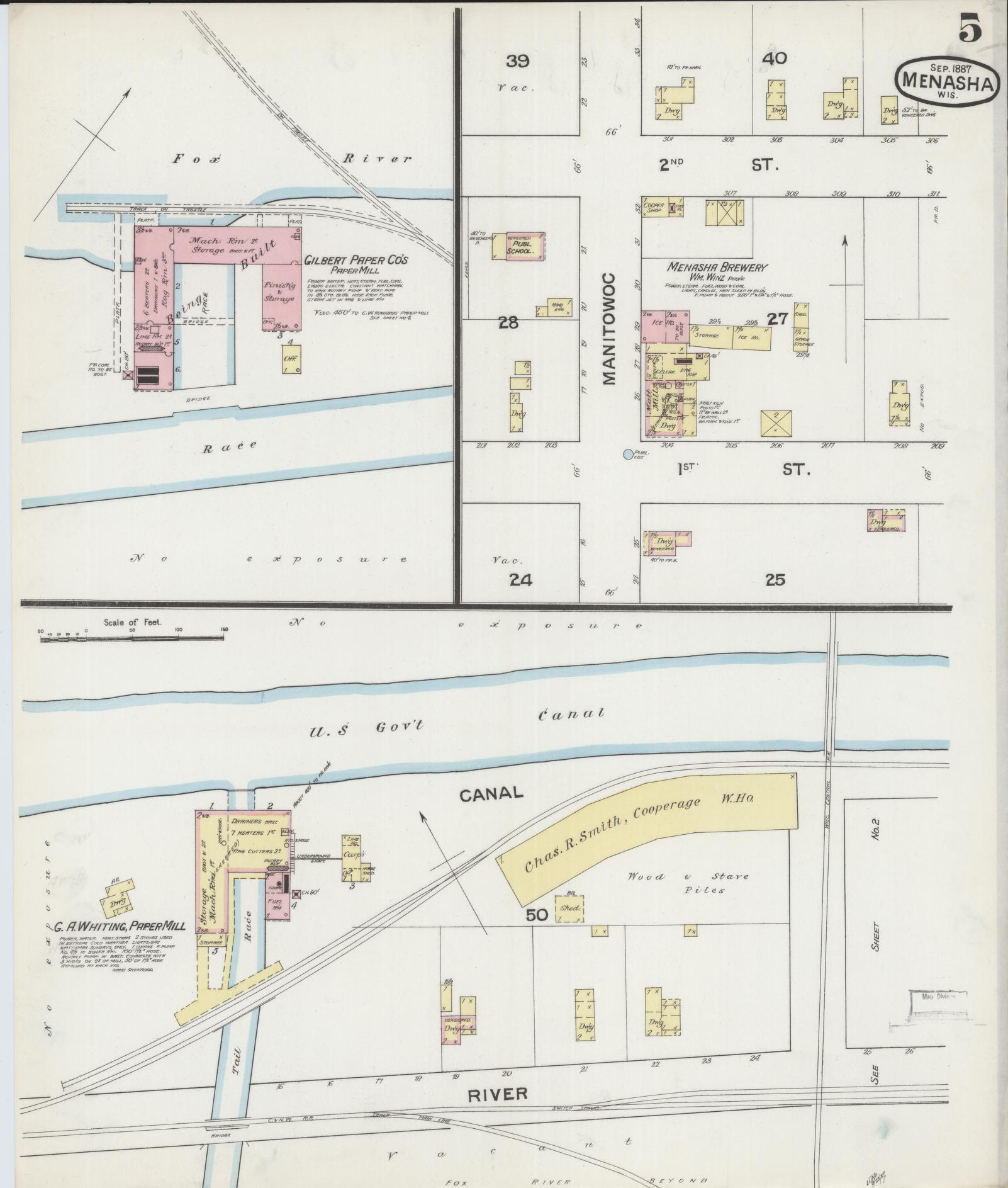 Sanborn Fire Insurance Map from Menasha, Winnebago County, Wisconsin (1887), Sheet #0005 - Complete Map Set gallery image, historic Sanborn map, vintage wall art, Wisconsin Wisconsin