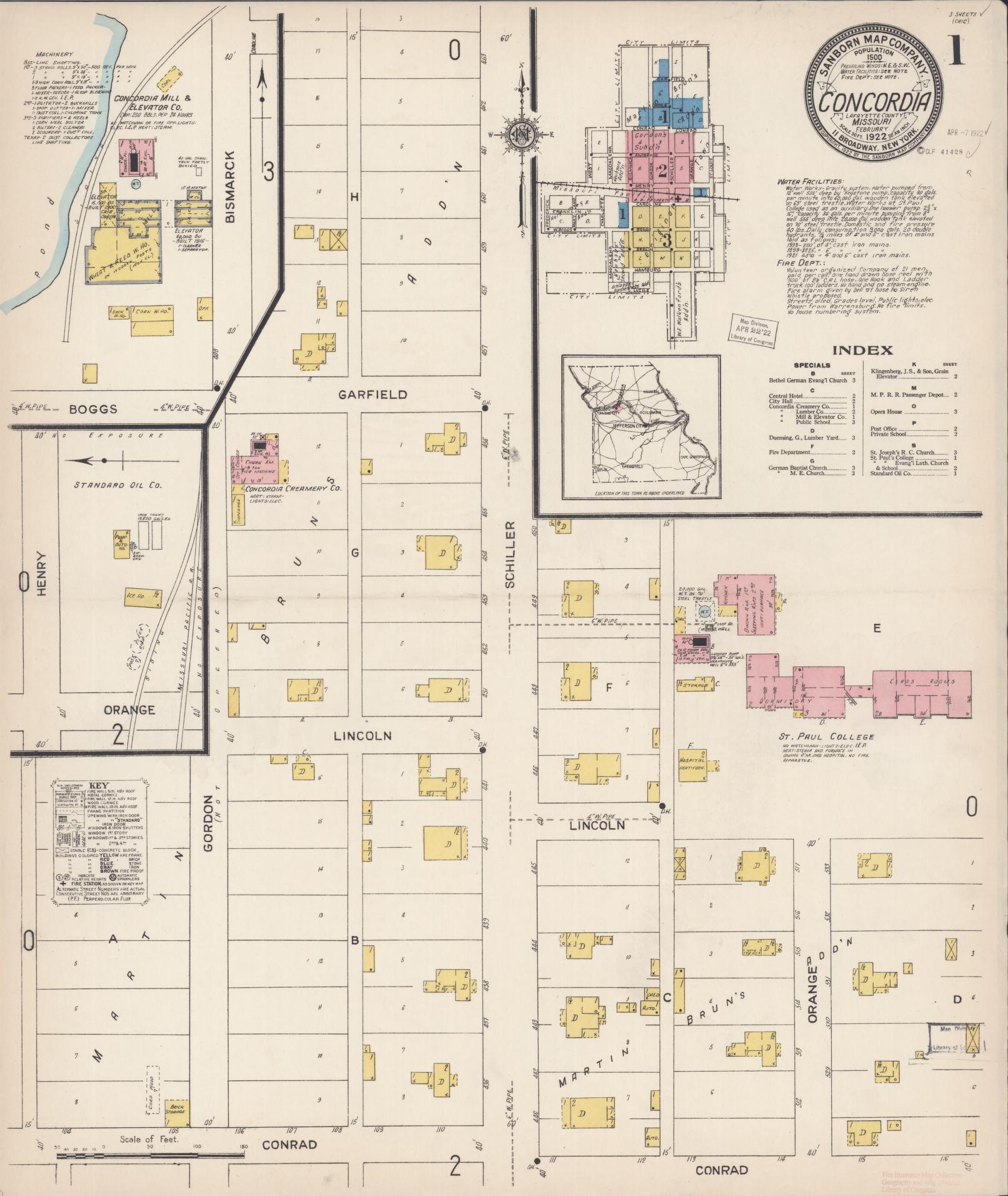 Sanborn Fire Insurance Map from Concordia, Lafayette County, Missouri (1922), Sheet #0001 - Historic Sanborn Fire Insurance Map Print, vintage old map wall art, antique decor, genealogy gift, Missouri Missouri map