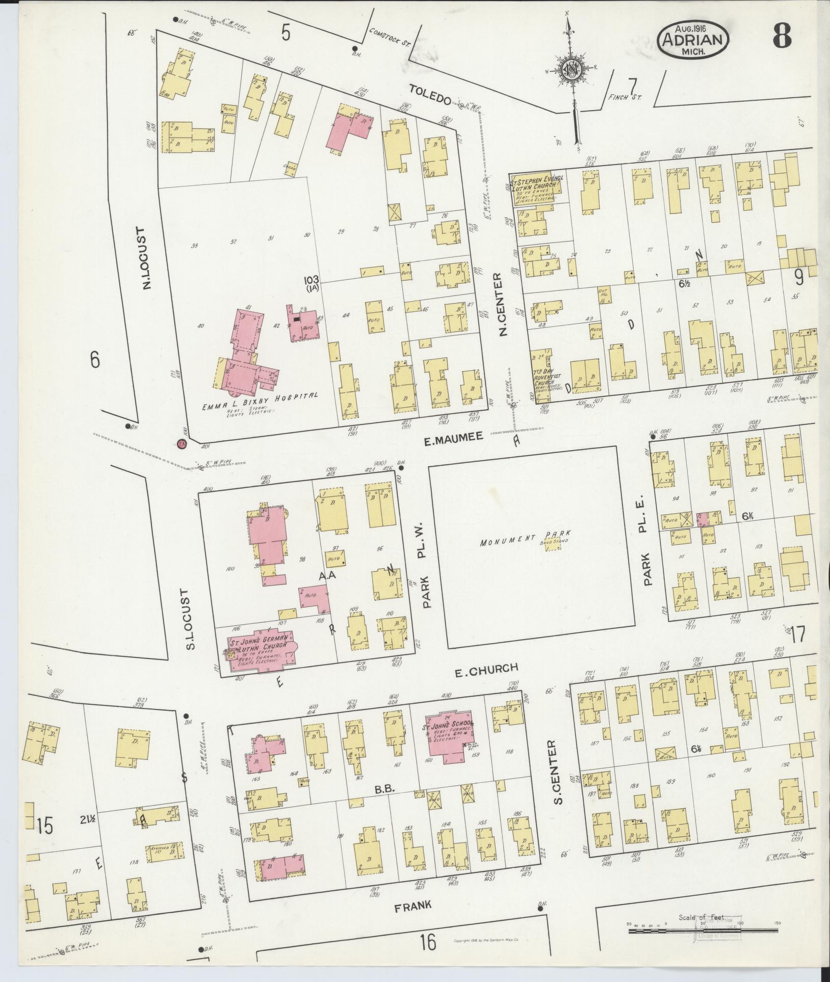 Sanborn Fire Insurance Map from Adrian, Lenawee County, Michigan (1916), Sheet #0008 - Complete Map Set gallery image, historic Sanborn map, vintage wall art, Michigan Michigan