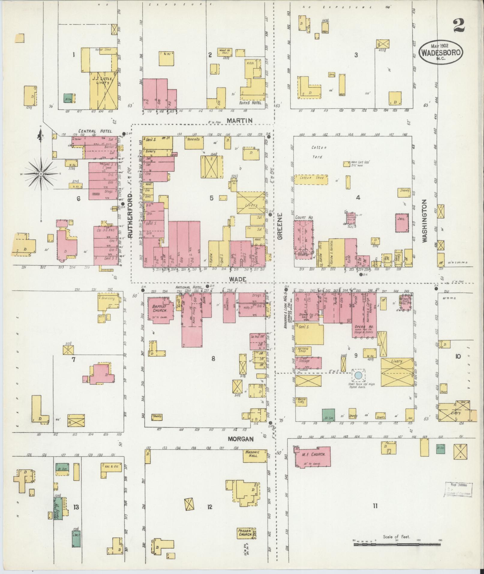 Sanborn Fire Insurance Map from Wadesboro, Anson County, North Carolina (1902), Sheet #0002 - Complete Map Set gallery image, historic Sanborn map, vintage wall art, North Carolina North Carolina