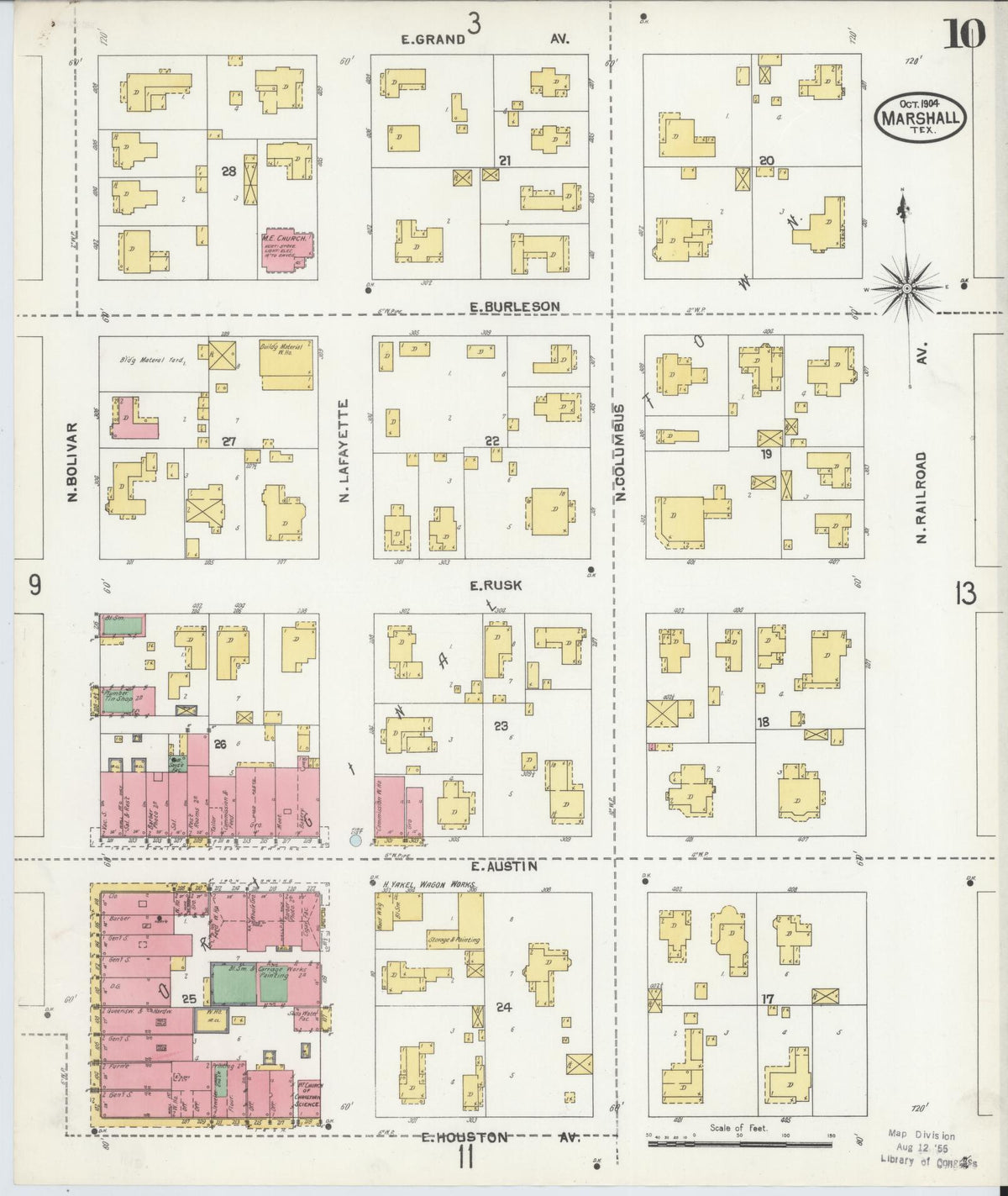 Sanborn Fire Insurance Map from Marshall, Harrison County, Texas (1904), Sheet #0010 - Historic Sanborn Fire Insurance Map Print, vintage old map wall art, antique decor, genealogy gift, Texas Texas map
