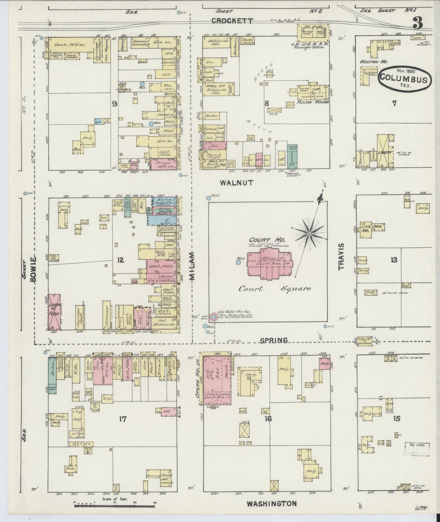 Sanborn Fire Insurance Map from Columbus, Colorado County, Texas (1890), Sheet #0003 - Historic Sanborn Fire Insurance Map Print, vintage old map wall art, antique decor, genealogy gift, Columbus Colorado map