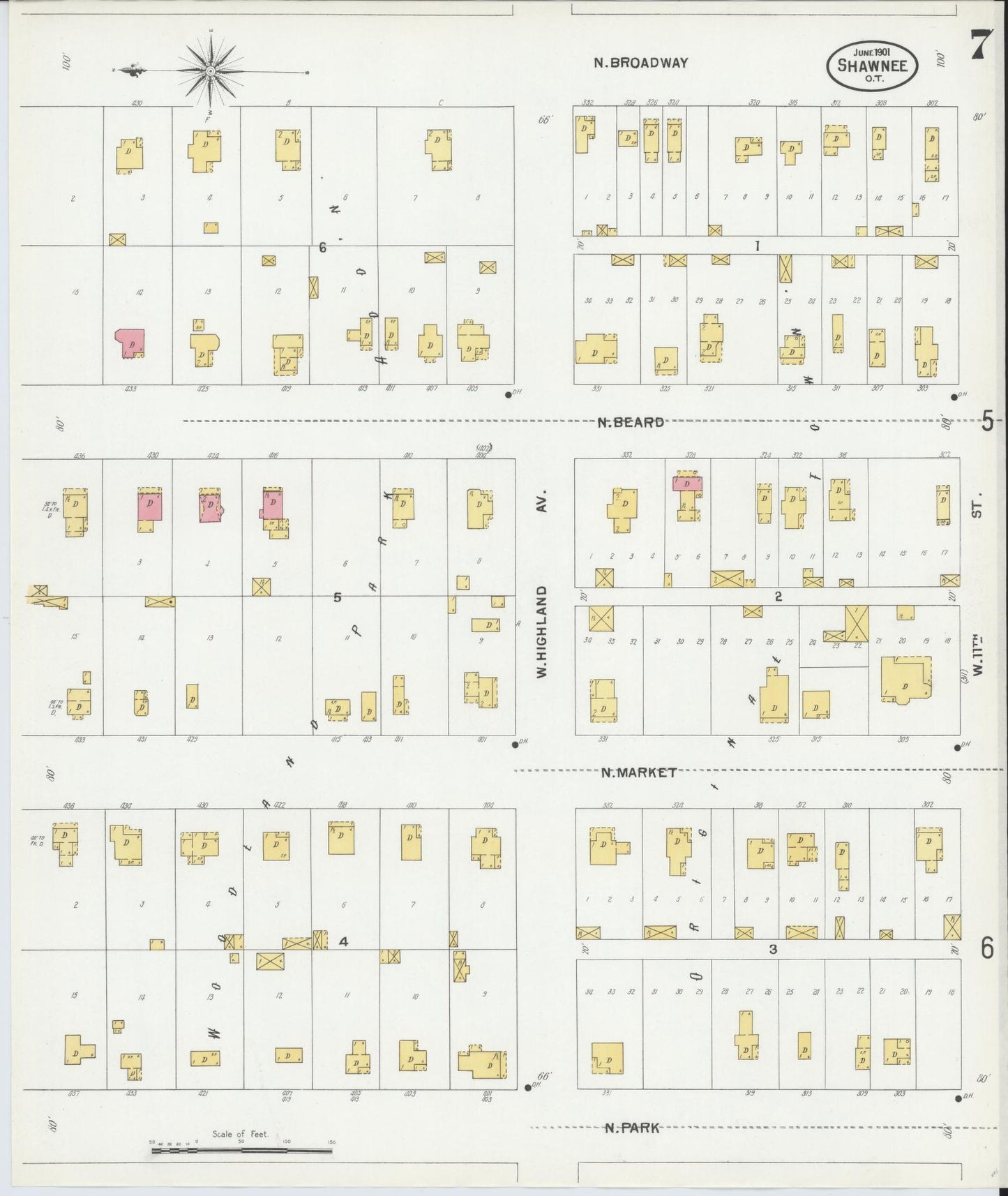 Sanborn Fire Insurance Map from Shawnee, Pottawatomie County, Oklahoma (1901), Sheet #0007 - Complete Map Set gallery image, historic Sanborn map, vintage wall art, Oklahoma Oklahoma