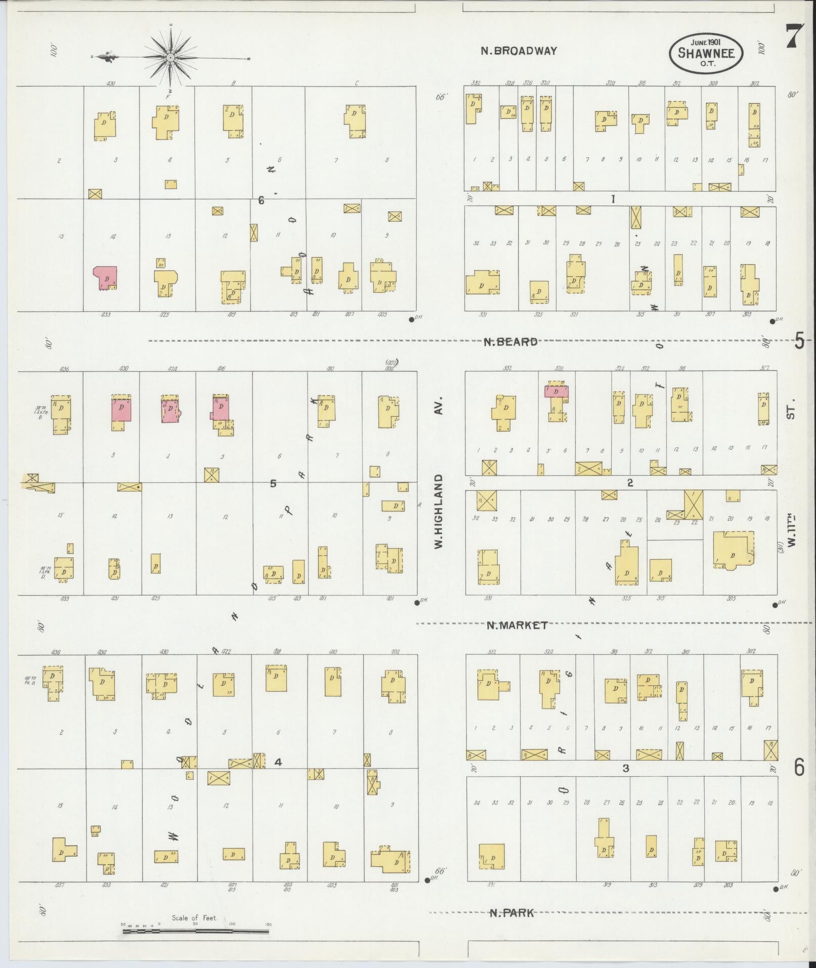 Sanborn Fire Insurance Map from Shawnee, Pottawatomie County, Oklahoma (1901), Sheet #0007 - Complete Map Set gallery image, historic Sanborn map, vintage wall art, Oklahoma Oklahoma
