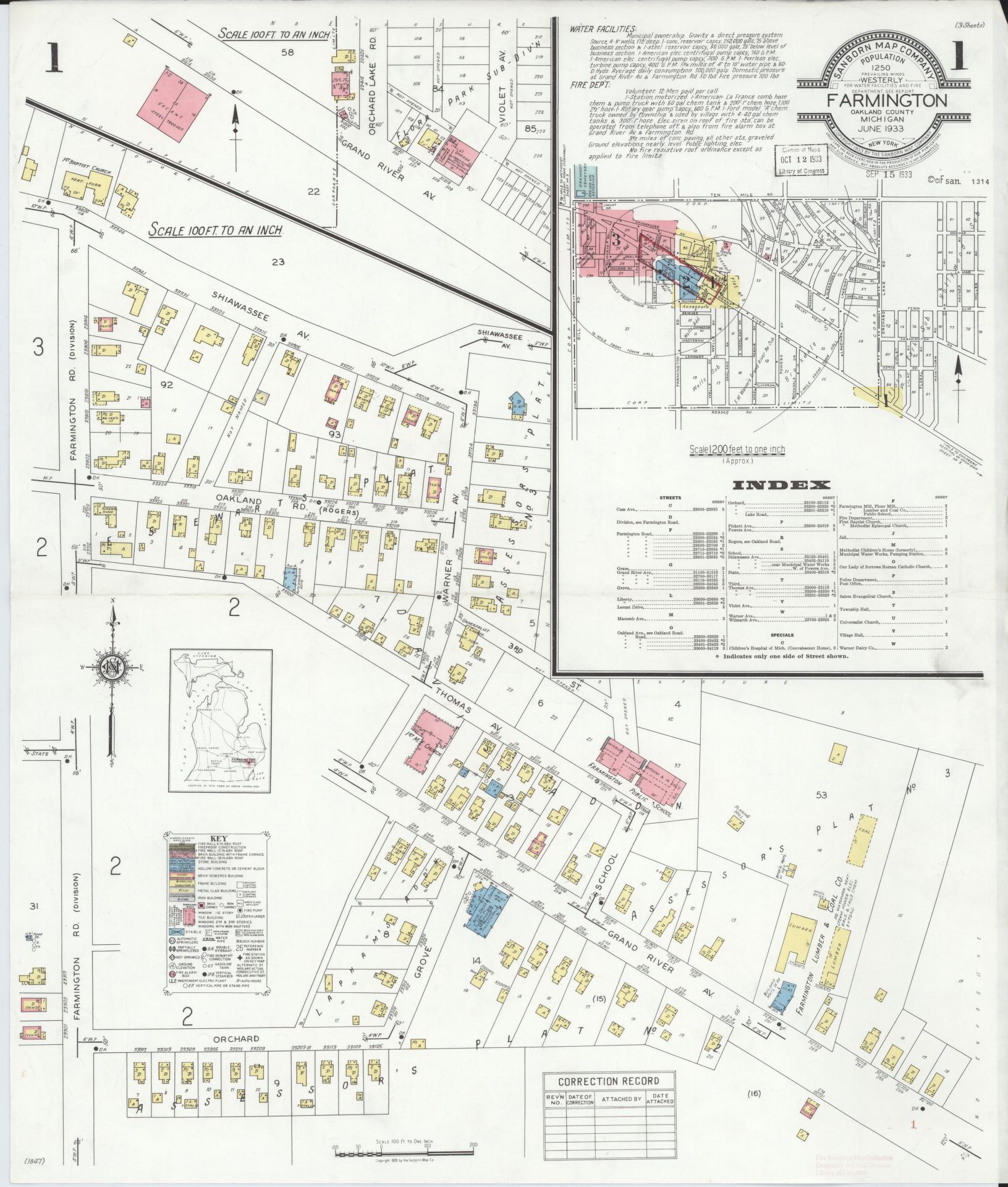 Sanborn Fire Insurance Map from Farmington, Oakland County, Michigan (1933), Sheet #0001 - Complete Map Set gallery image, historic Sanborn map, vintage wall art, Michigan Michigan