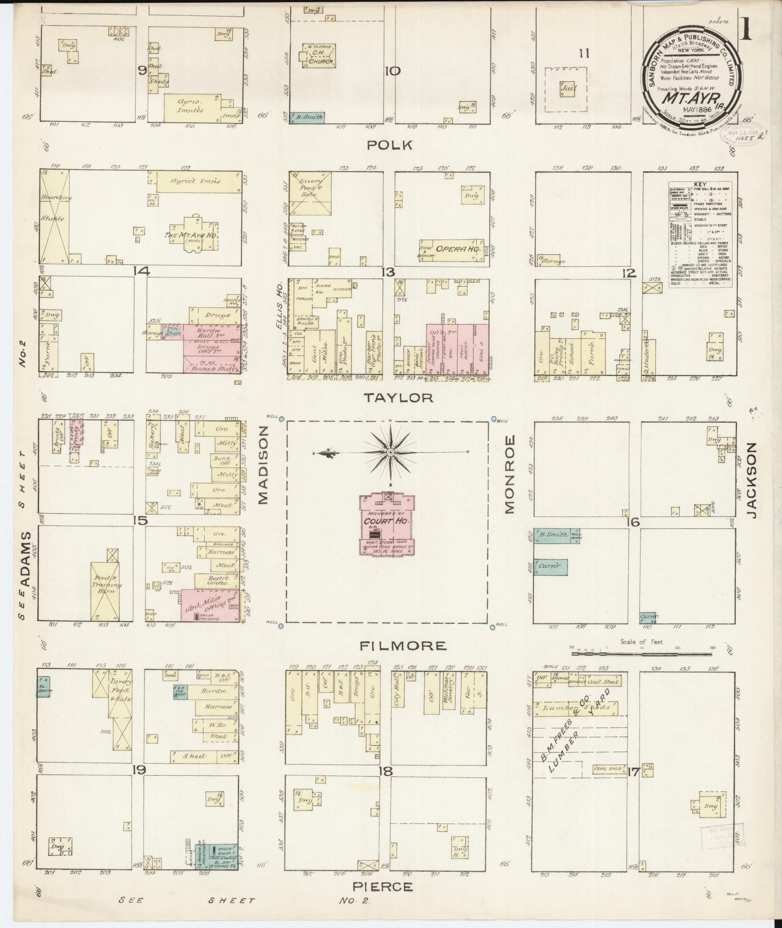 Sanborn Fire Insurance Map from Mount Ayr, Ringgold County, Iowa (1886), Sheet #0001 - Historic Sanborn Fire Insurance Map Print