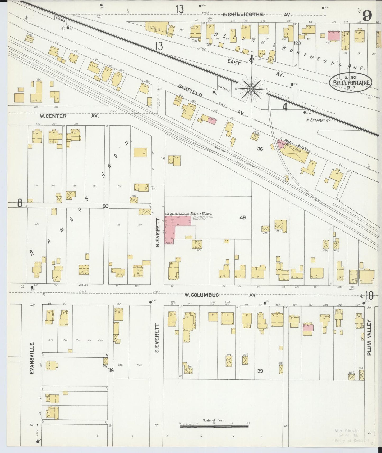 Sanborn Fire Insurance Map from Bellefontaine, Logan County, Ohio (1901), Sheet #0009 - Historic Sanborn Fire Insurance Map Print, vintage old map wall art, antique decor, genealogy gift, Ohio Ohio map