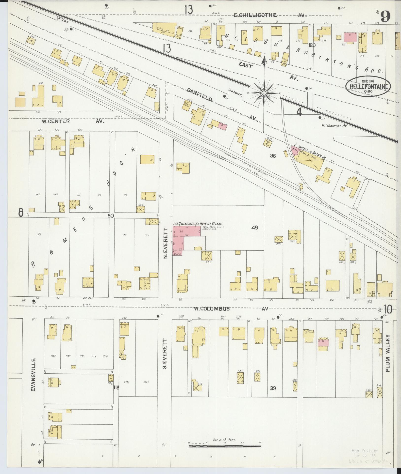 Sanborn Fire Insurance Map from Bellefontaine, Logan County, Ohio (1901), Sheet #0009 - Historic Sanborn Fire Insurance Map Print, vintage old map wall art, antique decor, genealogy gift, Ohio Ohio map