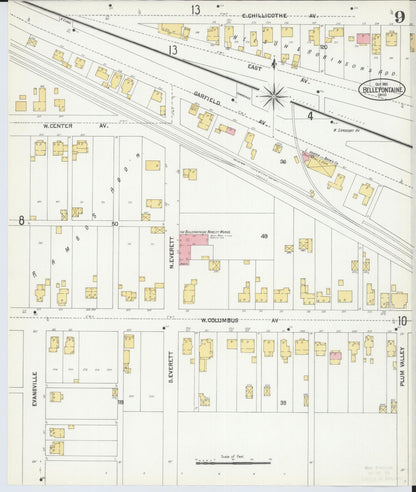 Sanborn Fire Insurance Map from Bellefontaine, Logan County, Ohio (1901), Sheet #0009 - Historic Sanborn Fire Insurance Map Print, vintage old map wall art, antique decor, genealogy gift, Ohio Ohio map
