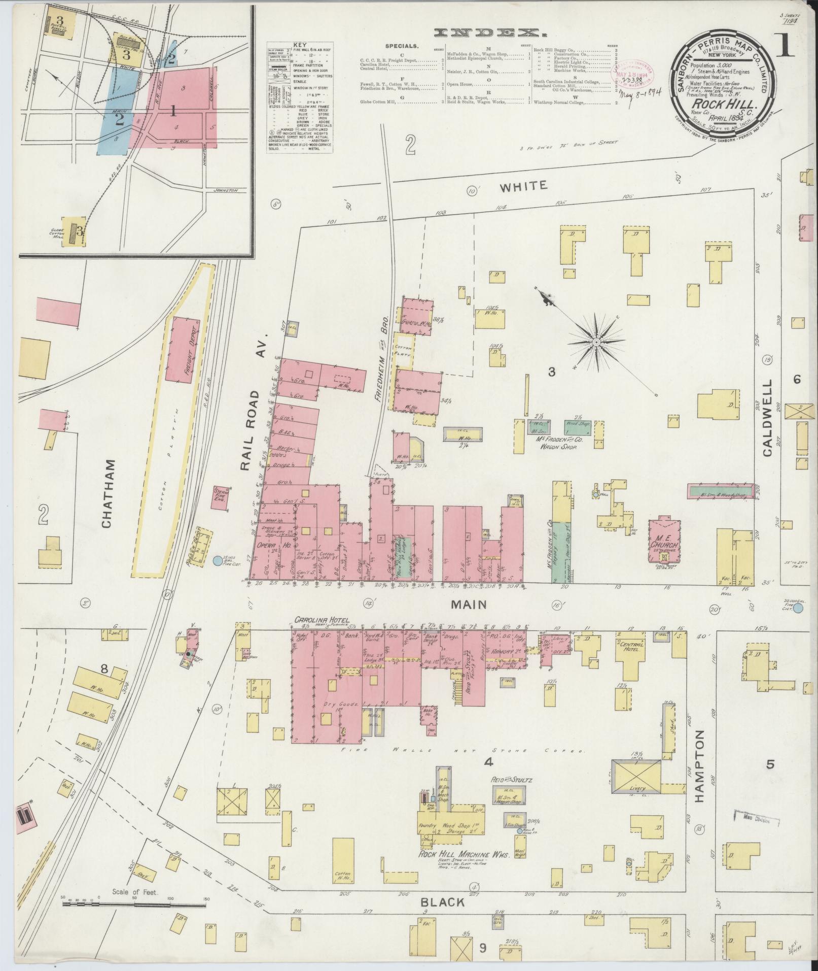 Sanborn Fire Insurance Map from Rock Hill, York County, South Carolina (1894), Sheet #0002 - Complete Map Set gallery image, historic Sanborn map, vintage wall art, South Carolina South Carolina