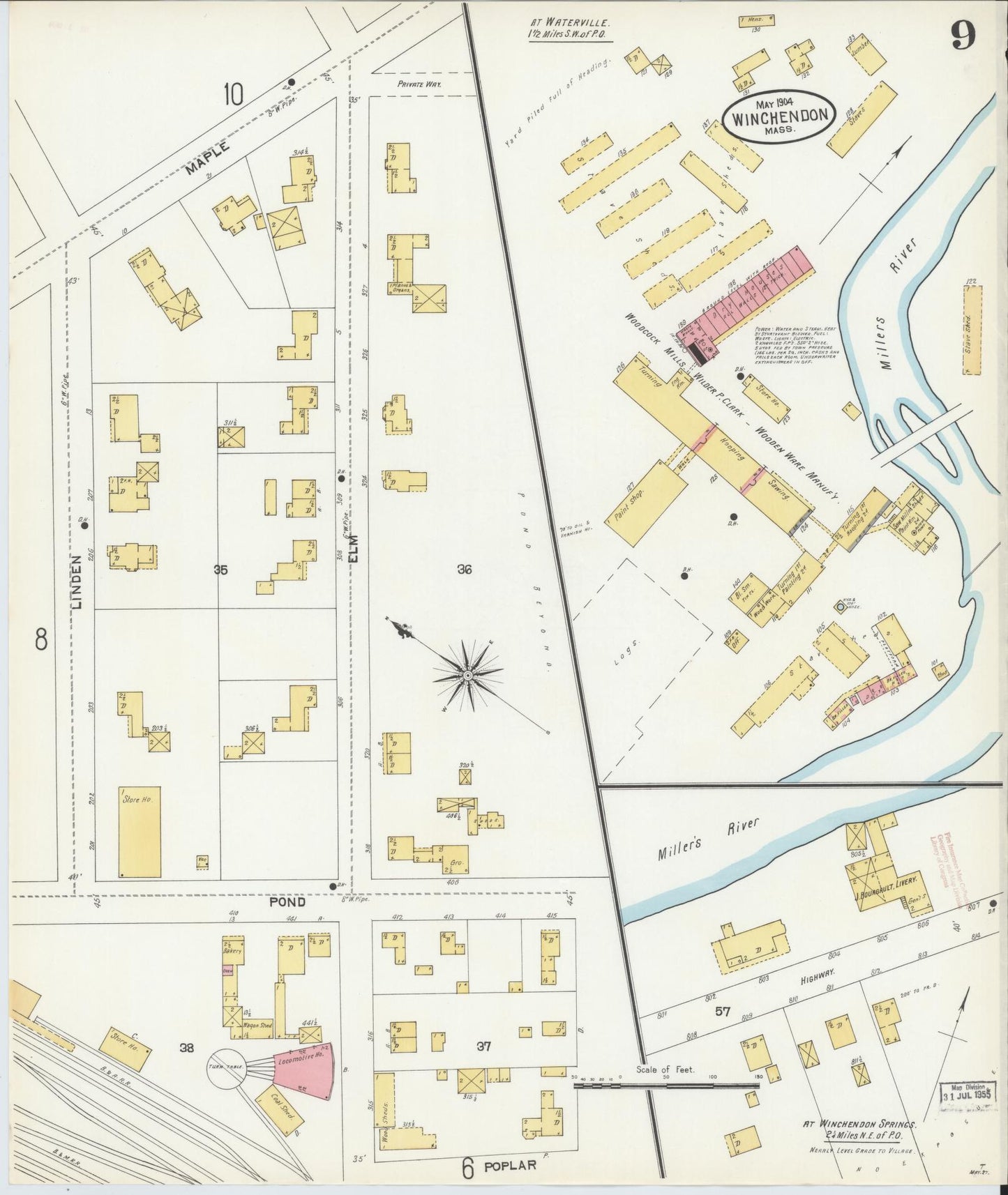 Sanborn Fire Insurance Map from Winchendon, Worcester County, Massachusetts (1904), Sheet #0009 - Historic Sanborn Fire Insurance Map Print, vintage old map wall art, antique decor, genealogy gift, Massachusetts Massachusetts map