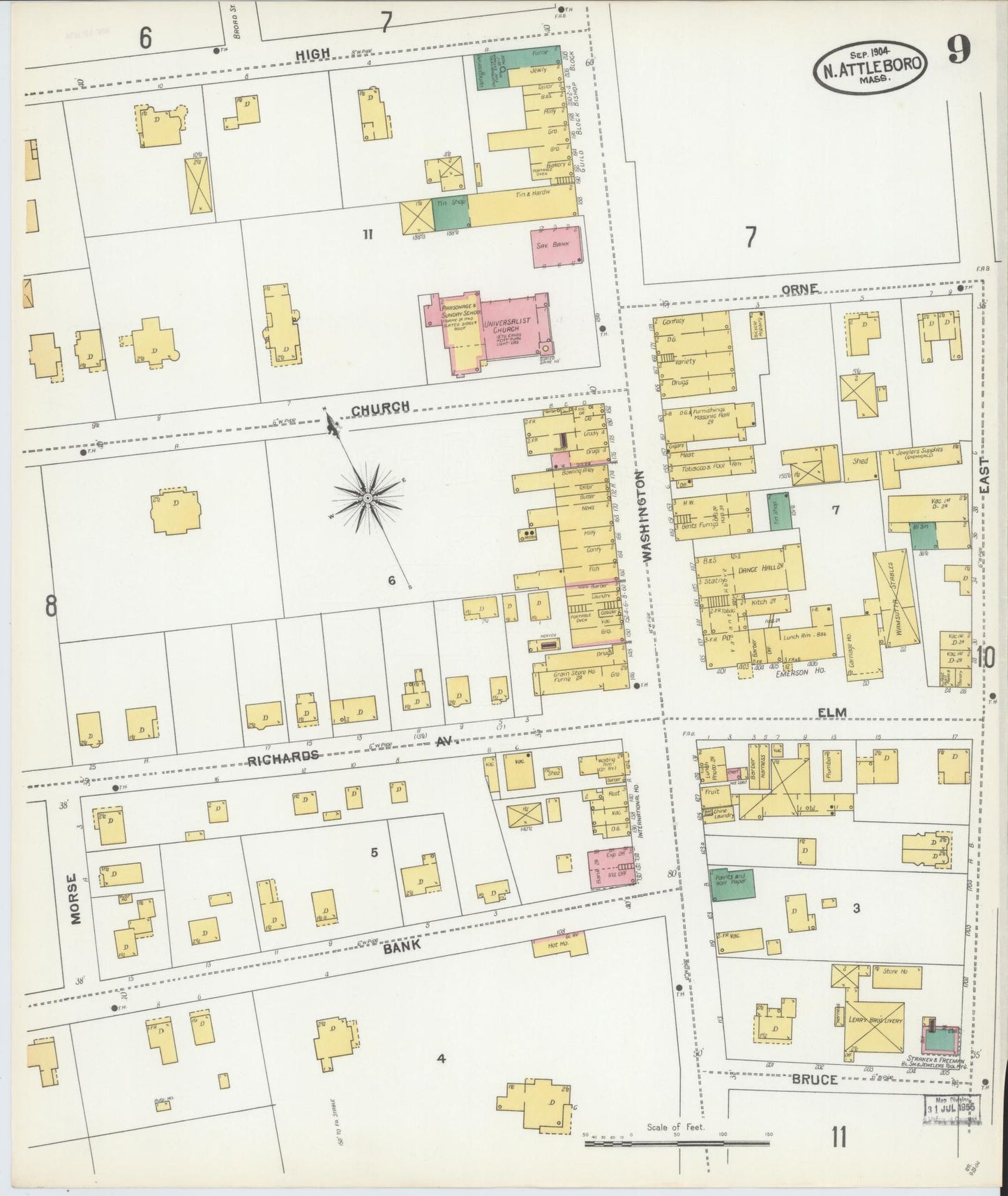 Sanborn Fire Insurance Map from North Attleborough, Bristol County, Massachusetts (1904), Sheet #0009 - Complete Map Set gallery image, historic Sanborn map, vintage wall art, Massachusetts Massachusetts