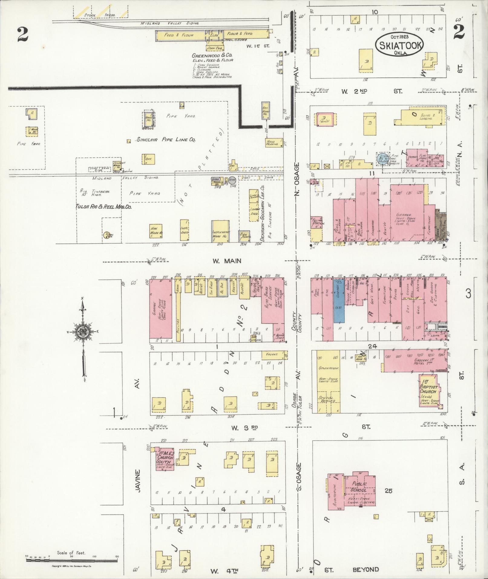 Sanborn Fire Insurance Map from Skiatook, Tulsa And Osage Counties, Oklahoma (1923), Sheet #0002 - Historic Sanborn Fire Insurance Map Print, vintage old map wall art, antique decor, genealogy gift, Oklahoma Oklahoma map