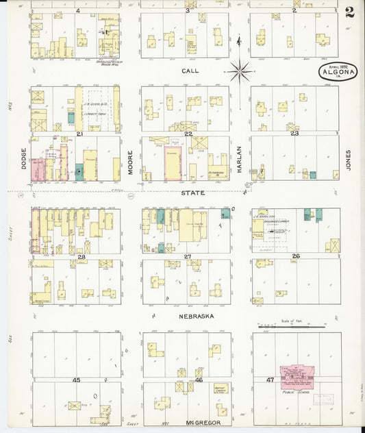 Sanborn Fire Insurance Map from Algona, Kossuth County, Iowa (1892), Sheet #0002 - Historic Sanborn Fire Insurance Map Print, vintage old map wall art