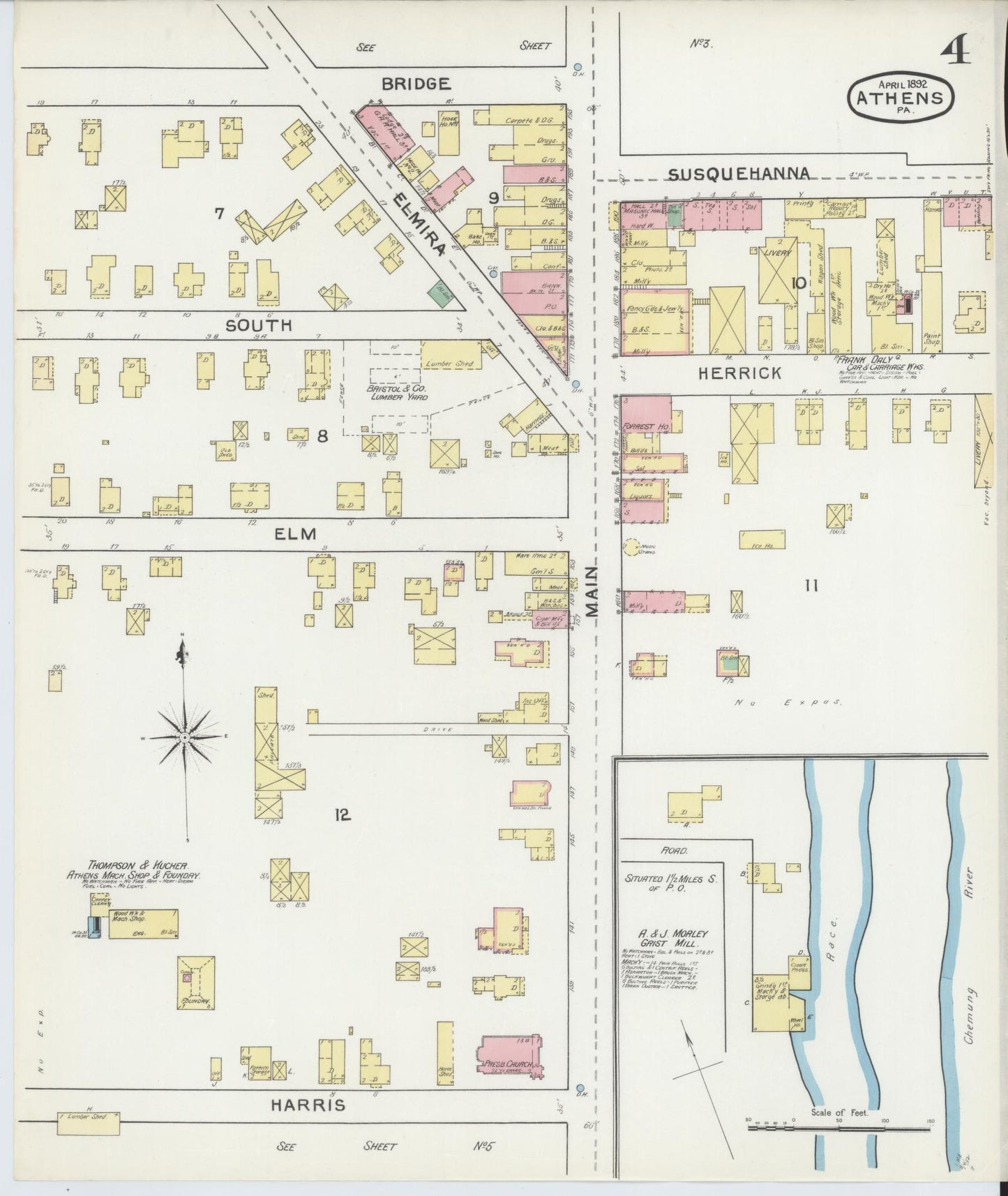 Sanborn Fire Insurance Map from Athens, Bradford County, Pennsylvania (1892), Sheet #0004 - Historic Sanborn Fire Insurance Map Print, vintage old map wall art, antique decor, genealogy gift, Pennsylvania Pennsylvania map