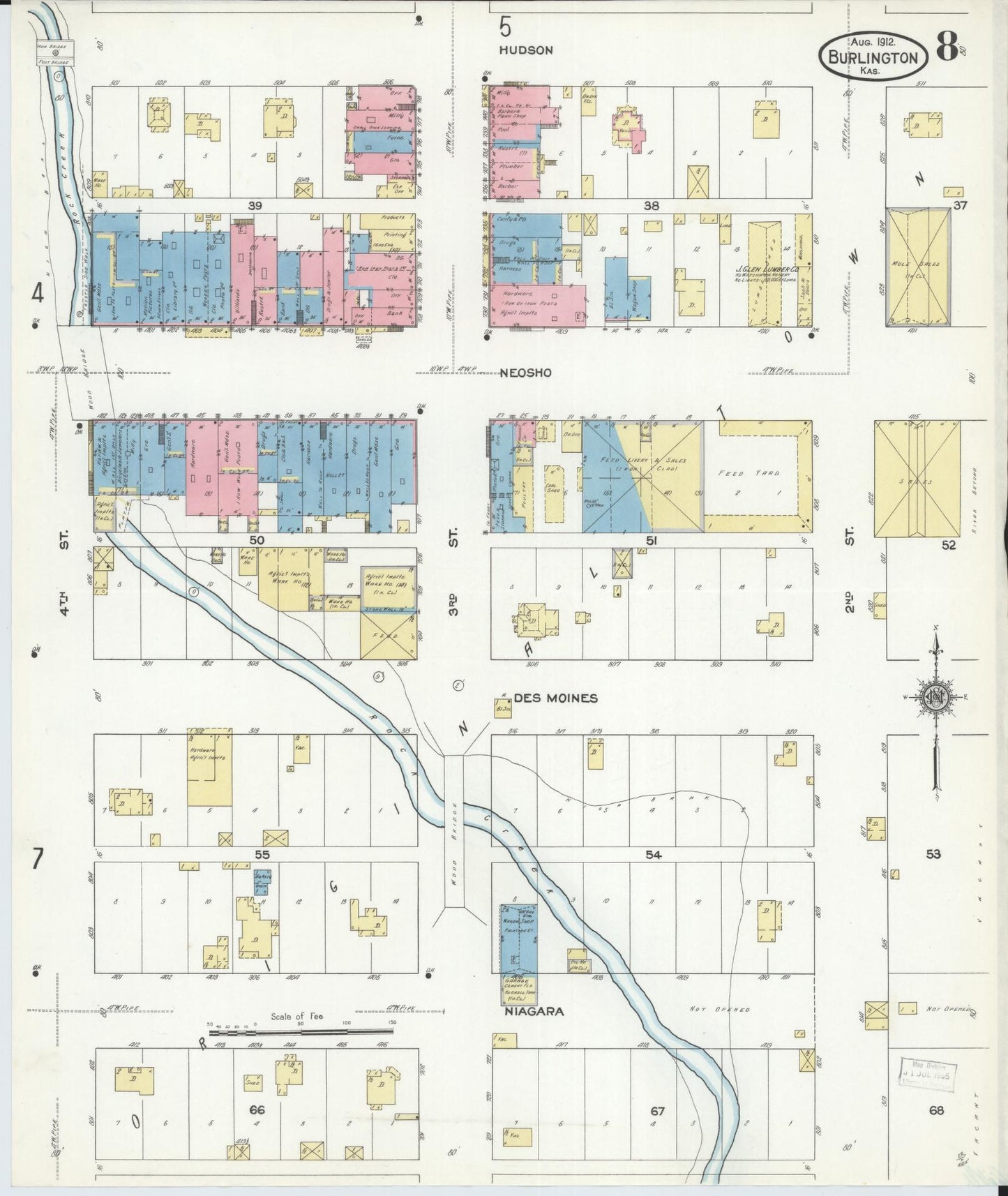 Sanborn Fire Insurance Map from Burlington, Coffey County, Kansas (1912), Sheet #0008 - Historic Sanborn Fire Insurance Map Print, vintage old map wall art, antique decor, genealogy gift, Kansas Kansas map