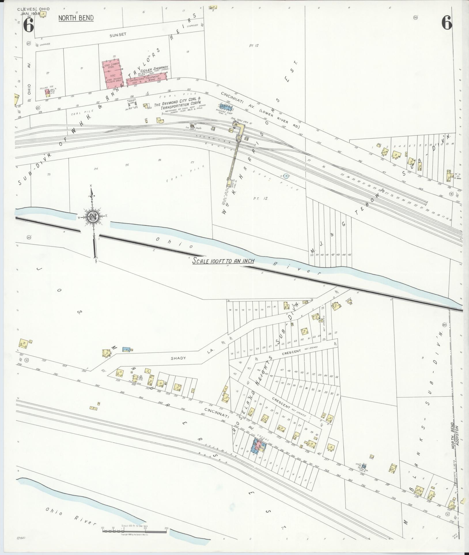 Sanborn Fire Insurance Map from Cleves, Hamilton County, Ohio (1938), Sheet #0006 - Historic Sanborn Fire Insurance Map Print, vintage old map wall art, antique decor, genealogy gift, Ohio Ohio map