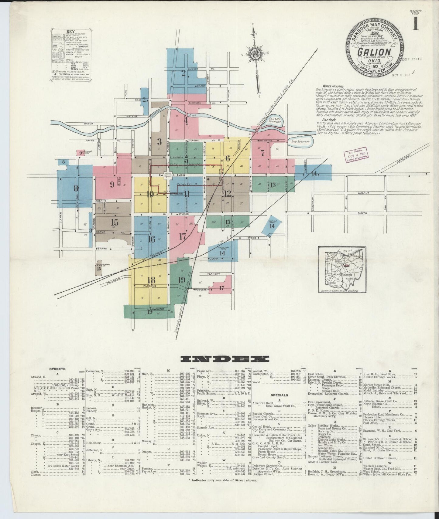 Sanborn Fire Insurance Map from Galion, Crawford County, Ohio (1913), Sheet #0001 - Historic Sanborn Fire Insurance Map Print, vintage old map wall art, antique decor, genealogy gift, Ohio Ohio map
