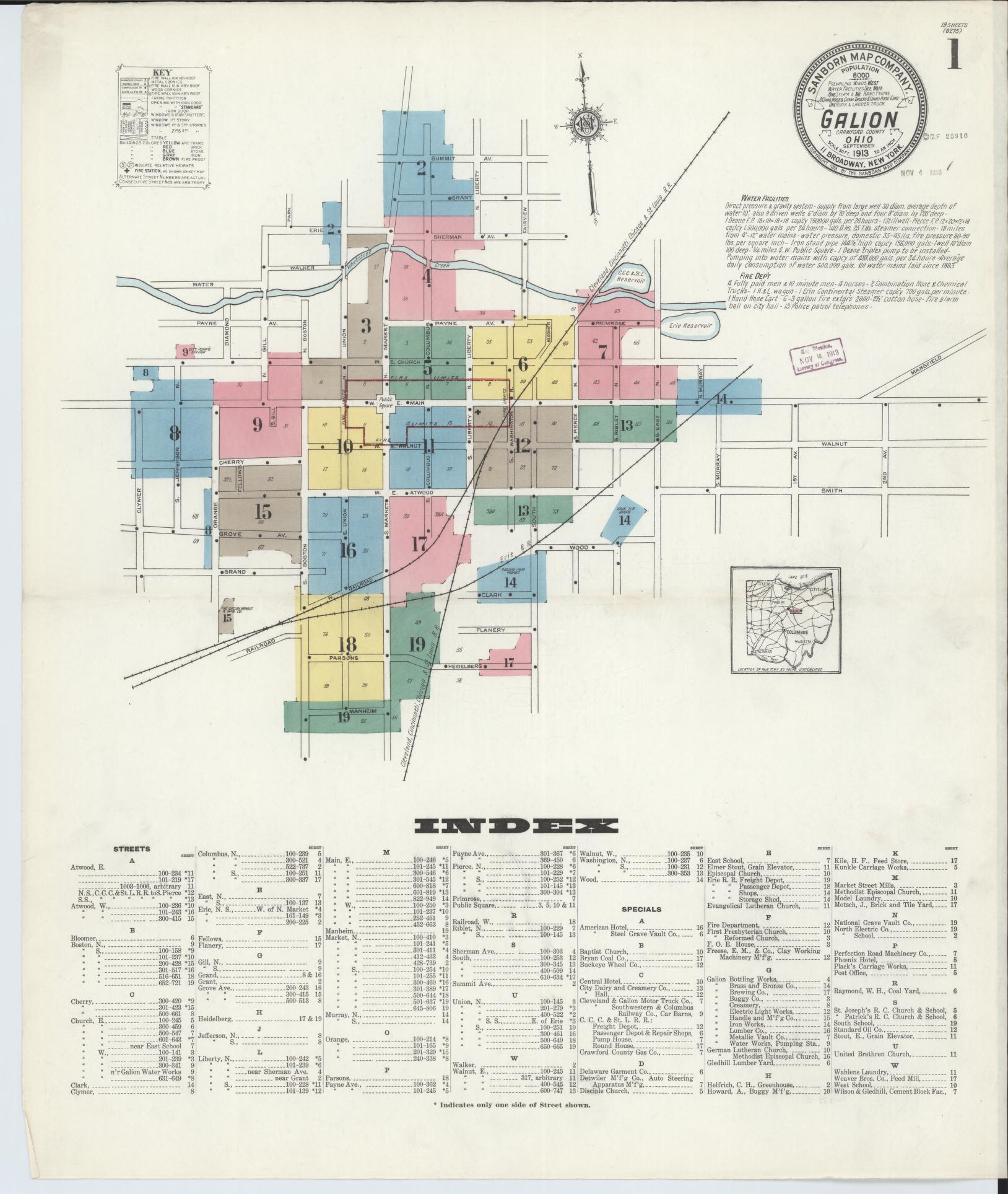 Sanborn Fire Insurance Map from Galion, Crawford County, Ohio (1913), Sheet #0001 - Historic Sanborn Fire Insurance Map Print, vintage old map wall art, antique decor, genealogy gift, Ohio Ohio map
