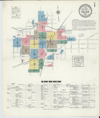 Sanborn Fire Insurance Map from Galion, Crawford County, Ohio (1913), Sheet #0001 - Historic Sanborn Fire Insurance Map Print, vintage old map wall art, antique decor, genealogy gift, Ohio Ohio map