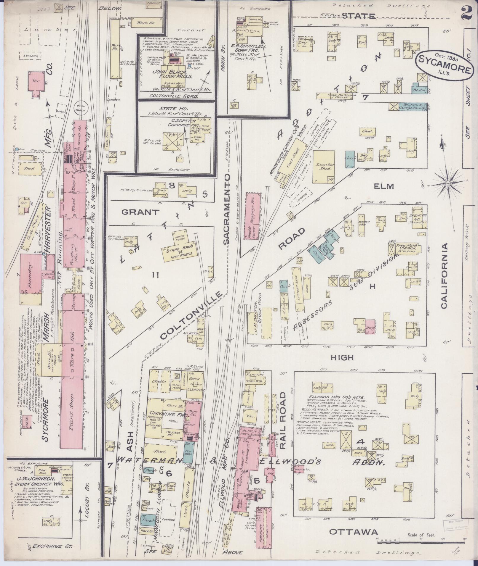 Sanborn Fire Insurance Map from Sycamore, De Kalb County, Illinois (1885), Sheet #0002 - Complete Map Set gallery image, historic Sanborn map, vintage wall art, Illinois Illinois