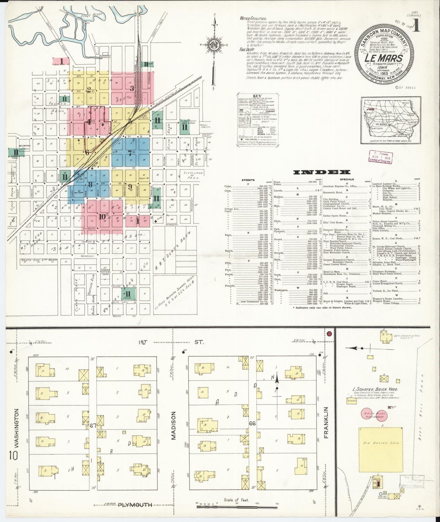 Sanborn Fire Insurance Map from Le Mars, Plymouth County, Iowa (1913), Sheet #0001 - Historic Sanborn Fire Insurance Map Print, vintage old map wall art