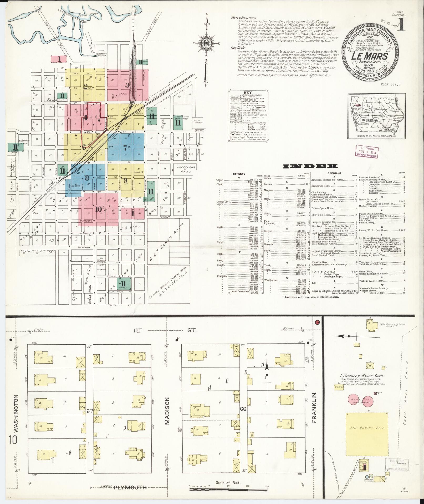 Sanborn Fire Insurance Map from Le Mars, Plymouth County, Iowa (1913), Sheet #0001 - Historic Sanborn Fire Insurance Map Print, vintage old map wall art