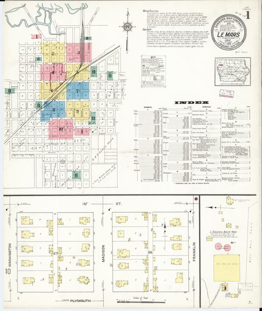 Sanborn Fire Insurance Map from Le Mars, Plymouth County, Iowa (1913), Sheet #0001 - Historic Sanborn Fire Insurance Map Print, vintage old map wall art
