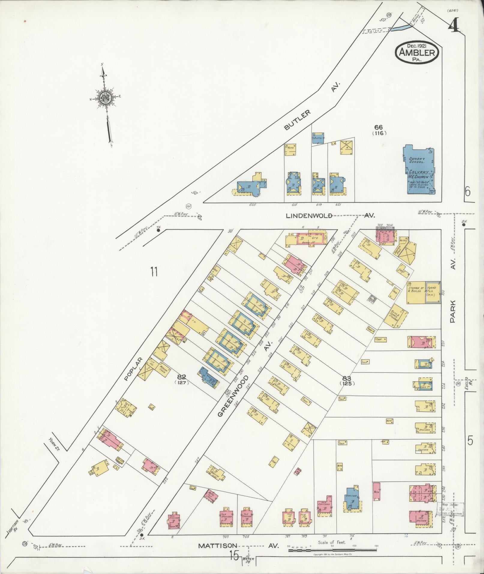 Sanborn Fire Insurance Map from Ambler, Montgomery County, Pennsylvania (1921), Sheet #0004 - Historic Sanborn Fire Insurance Map Print, vintage old map wall art, antique decor, genealogy gift, Pennsylvania Pennsylvania map