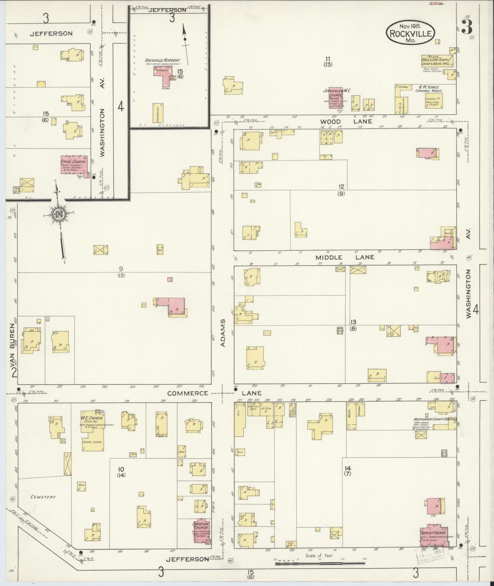 Sanborn Fire Insurance Map from Rockville, Montgomery County, Maryland (1915), Sheet #0003 - Historic Sanborn Fire Insurance Map Print, vintage old map wall art