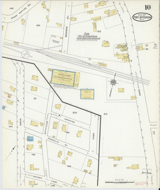 Sanborn Fire Insurance Map from Port Jefferson, Suffolk County, New York (1917), Sheet #0010 - Historic Sanborn Fire Insurance Map Print, vintage old map wall art, antique decor, genealogy gift, New York New York map