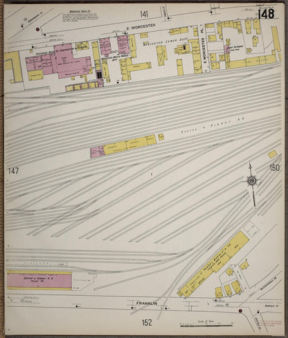 Sanborn Fire Insurance Map from Worcester, Worcester County, Massachusetts (1910), Sheet #0148 - Historic Sanborn Fire Insurance Map Print, vintage old map wall art, antique decor, genealogy gift, Massachusetts Massachusetts map