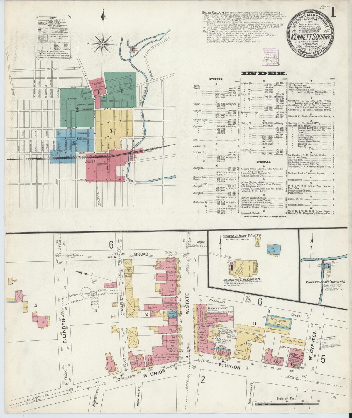 Sanborn Fire Insurance Map from Kennett Square, Chester County, Pennsylvania (1908), Sheet #0001 - Historic Sanborn Fire Insurance Map Print, vintage old map wall art, antique decor, genealogy gift, Pennsylvania Pennsylvania map