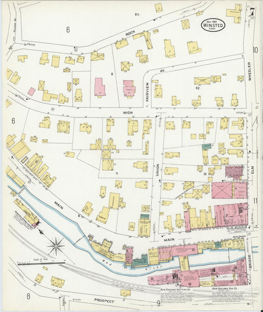 Sanborn Fire Insurance Map from Winsted, Litchfield County, Connecticut (1909), Sheet #0007 - Historic Sanborn Fire Insurance Map Print, vintage old map wall art, antique decor, genealogy gift, Connecticut Connecticut map