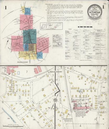 Sanborn Fire Insurance Map from Athens, McMinn County, Tennessee (1925), Sheet #0001 - Complete Map Set gallery image, historic Sanborn map, vintage wall art, Tennessee Tennessee