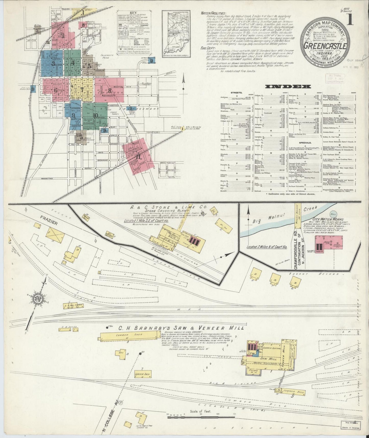 Sanborn Fire Insurance Map from Greencastle, Putnam County, Indiana (1913), Sheet #0001 - Historic Sanborn Fire Insurance Map Print, vintage old map wall art, antique decor, genealogy gift, Indiana Indiana map