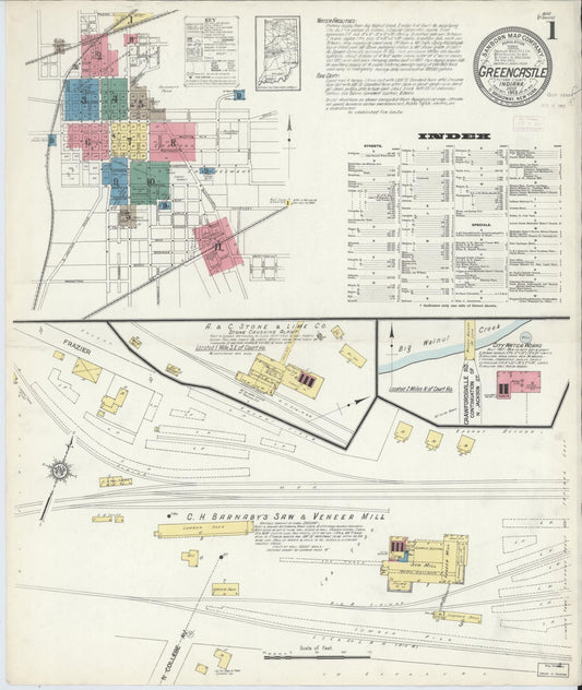 Sanborn Fire Insurance Map from Greencastle, Putnam County, Indiana (1913), Sheet #0001 - Historic Sanborn Fire Insurance Map Print, vintage old map wall art, antique decor, genealogy gift, Indiana Indiana map