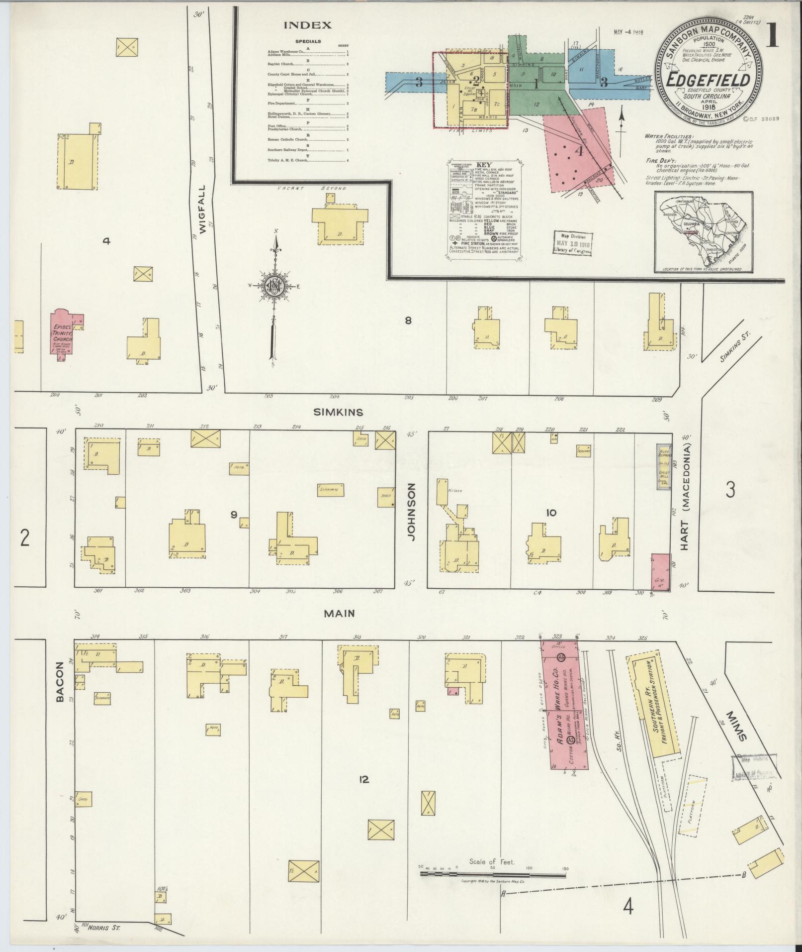 Sanborn Fire Insurance Map from Edgefield, Edgefield County, South Carolina (1918), Sheet #0001 - Historic Sanborn Fire Insurance Map Print, vintage old map wall art, antique decor, genealogy gift, South Carolina South Carolina map