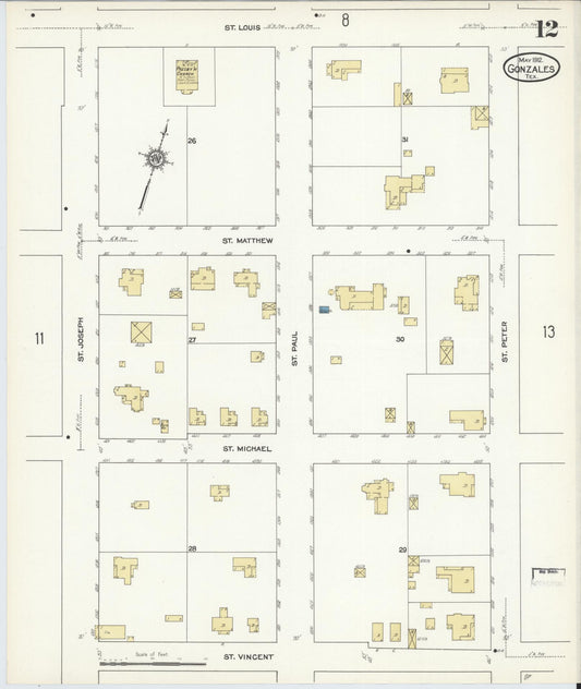 Sanborn Fire Insurance Map from Gonzales, Gonzales County, Texas (1912), Sheet #0012 - Historic Sanborn Fire Insurance Map Print, vintage old map wall art, antique decor, genealogy gift, Texas Texas map