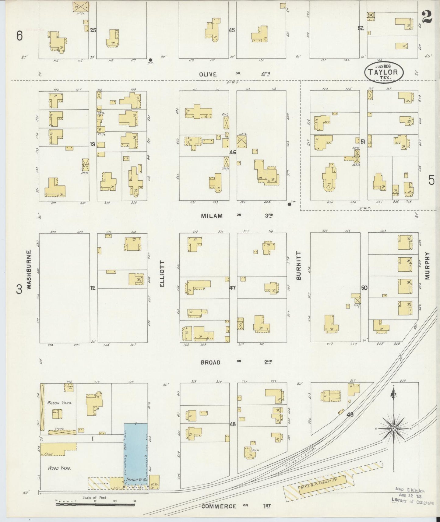 Sanborn Fire Insurance Map from Taylor, Williamson County, Texas (1898), Sheet #0002 - Historic Sanborn Fire Insurance Map Print, vintage old map wall art, antique decor, genealogy gift, Texas Texas map