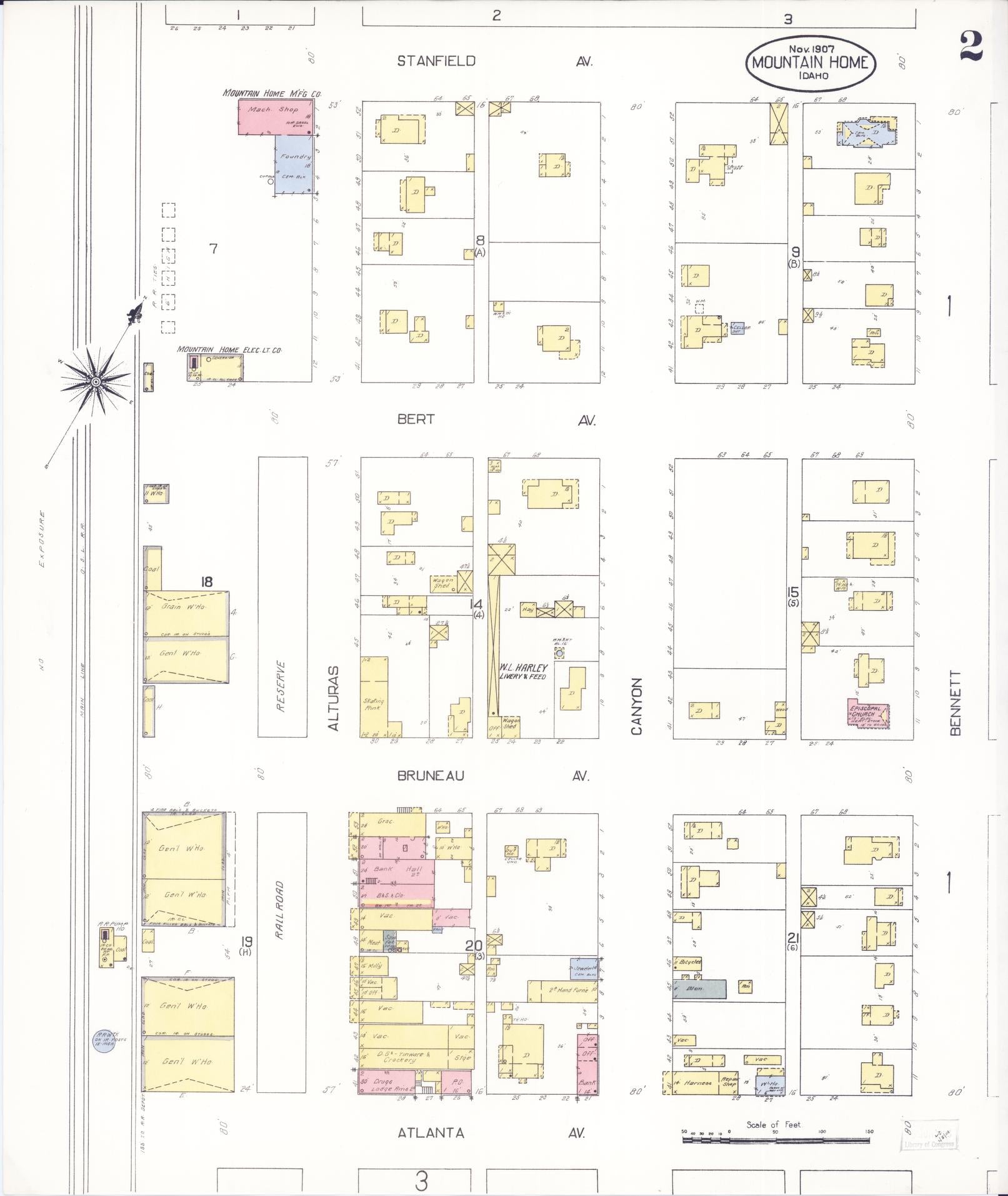 Sanborn Fire Insurance Map from Mountain Home, Elmore County, Idaho (1907), Sheet #0002 - Complete Map Set gallery image, historic Sanborn map, vintage wall art, Idaho Idaho