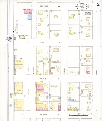 Sanborn Fire Insurance Map from Mountain Home, Elmore County, Idaho (1907), Sheet #0002 - Complete Map Set gallery image, historic Sanborn map, vintage wall art, Idaho Idaho