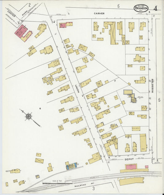 Sanborn Fire Insurance Map from Brandon, Rutland County, Vermont (1920), Sheet #0004 - Historic Sanborn Fire Insurance Map Print, vintage old map wall art, antique decor, genealogy gift, Vermont Vermont map