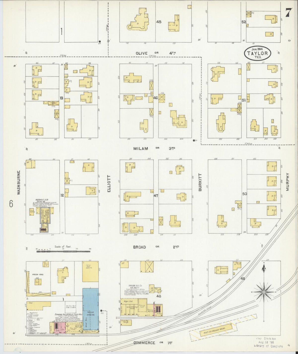 Sanborn Fire Insurance Map from Taylor, Williamson County, Texas (1904), Sheet #0007 - Historic Sanborn Fire Insurance Map Print, vintage old map wall art, antique decor, genealogy gift, Texas Texas map