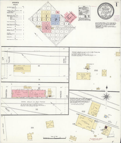 Sanborn Fire Insurance Map from Dinuba, Tulare County, California (1907), Sheet #0001 - Complete Map Set gallery image, historic Sanborn map, vintage wall art, California California
