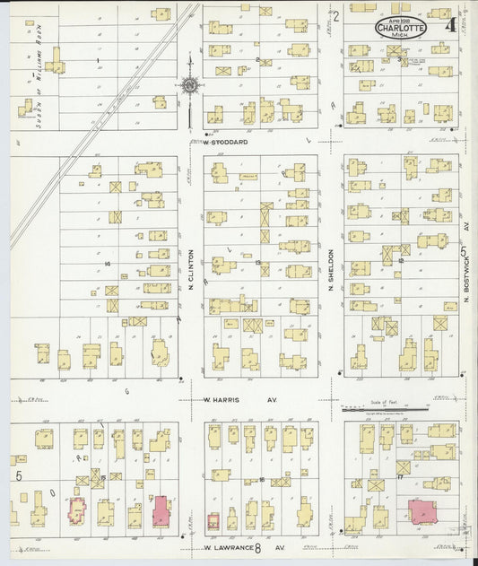 Sanborn Fire Insurance Map from Charlotte, Eaton County, Michigan (1918), Sheet #0004 - Historic Sanborn Fire Insurance Map Print, vintage old map wall art, antique decor, genealogy gift, Michigan Michigan map